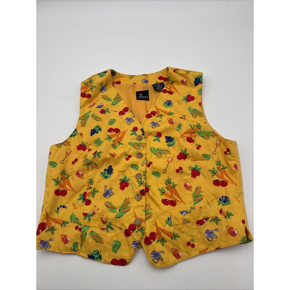 Vintage Lizsport 90's Gardening Vest Yellow Cottage Core Summer Harvest Veggies